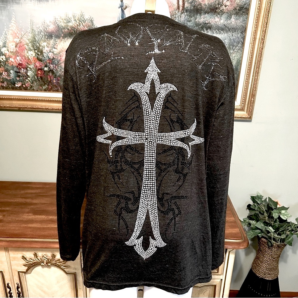 Dark Gray Rhinestone Cross Long Sleeve Goth Glam Shirt